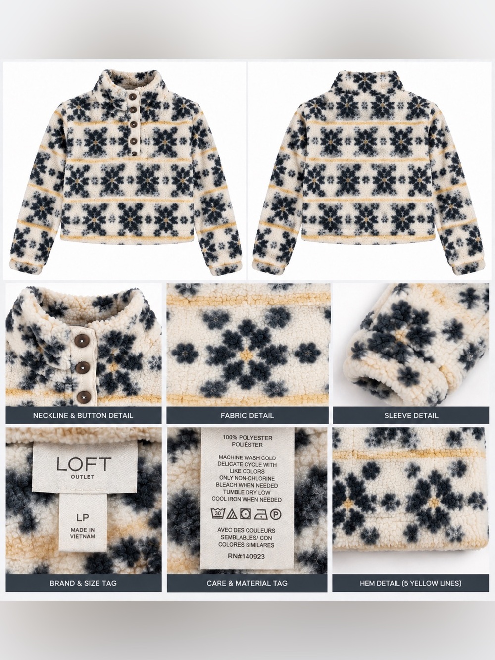 LOFT Cream Sherpa Pullover with Black Snowflake & Yellow Stripe